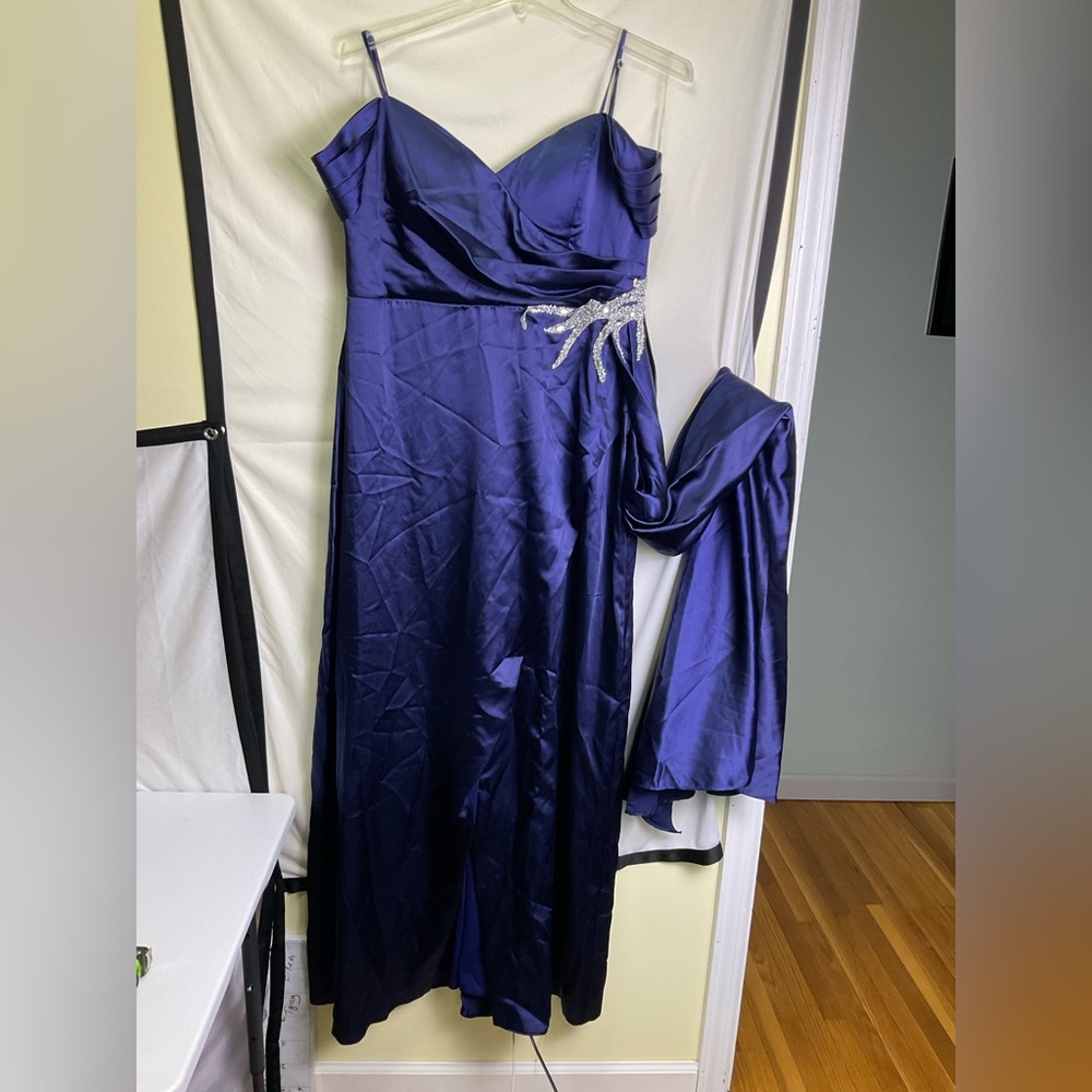 Satin Navy Blue Maxi Dress with Embellished Waist